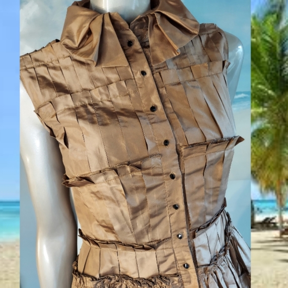 *$4,000 OSCAR DE LA RENTA BEAUTIFUL BRONZE PLEADED SILK RUNWAY DRESS US M - Picture 8 of 13